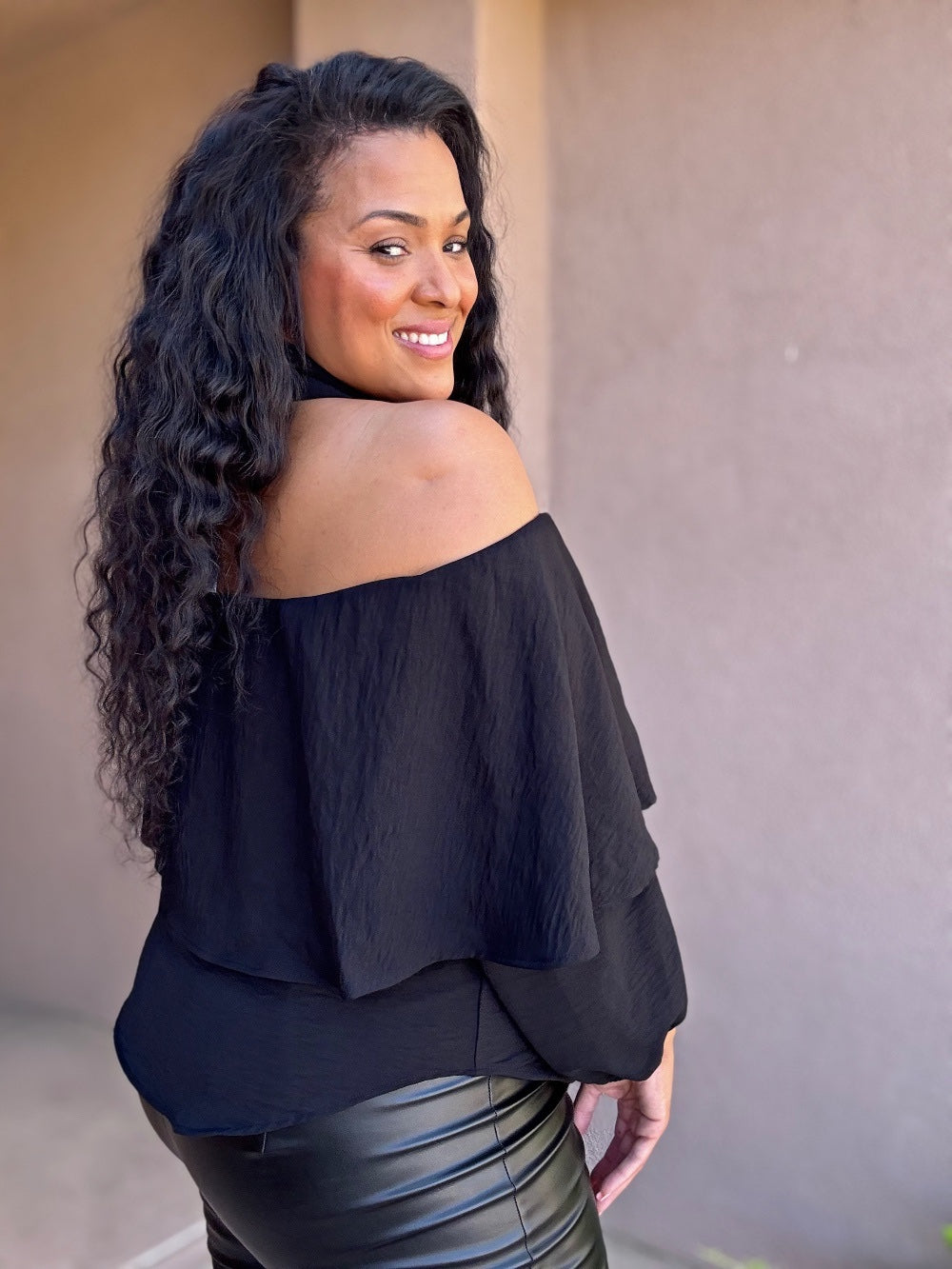 PLUS -Prestige Layered Off-Shoulder Collar Top Black image 1