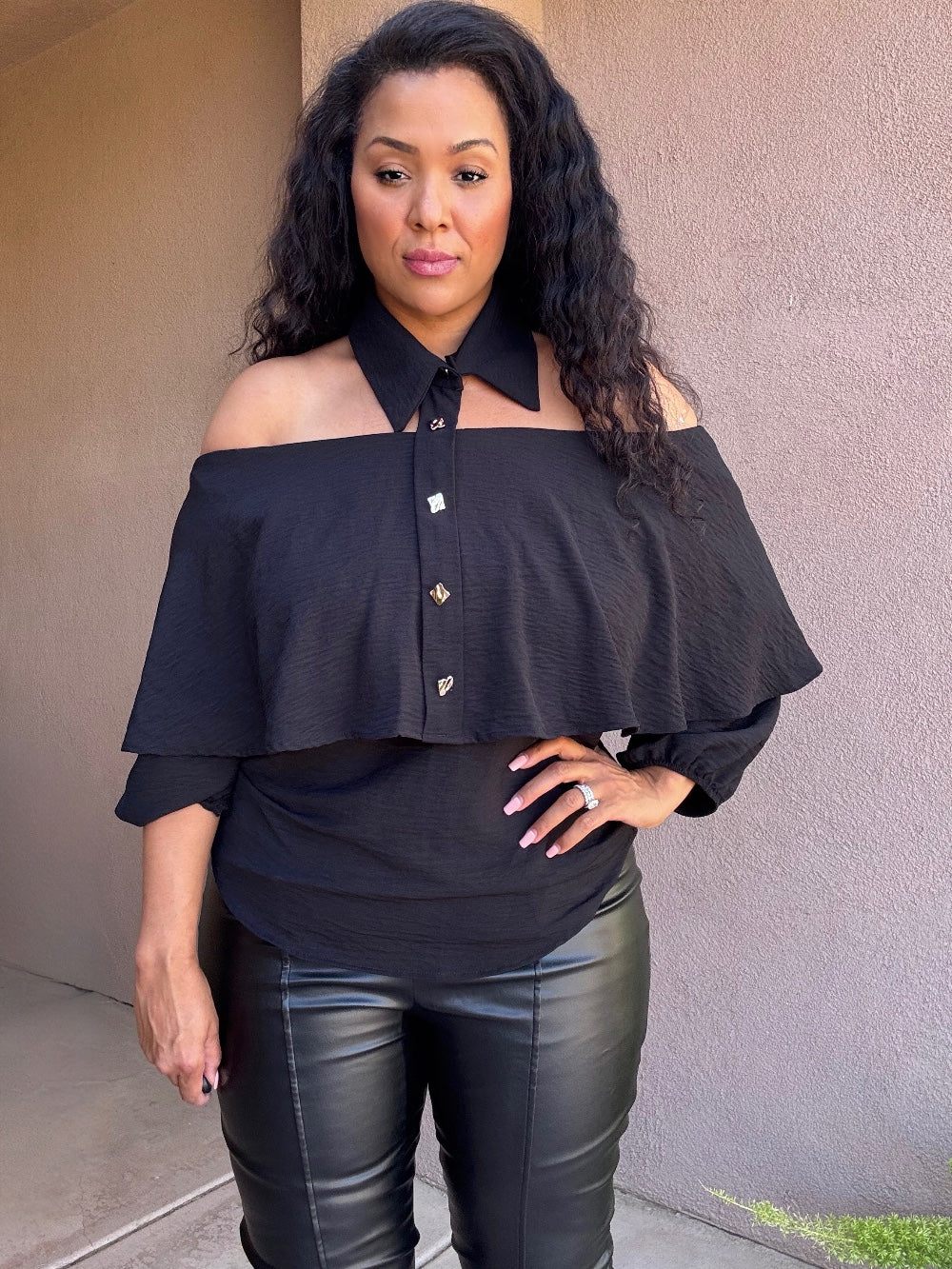 PLUS -Prestige Layered Off-Shoulder Collar Top Black image 0