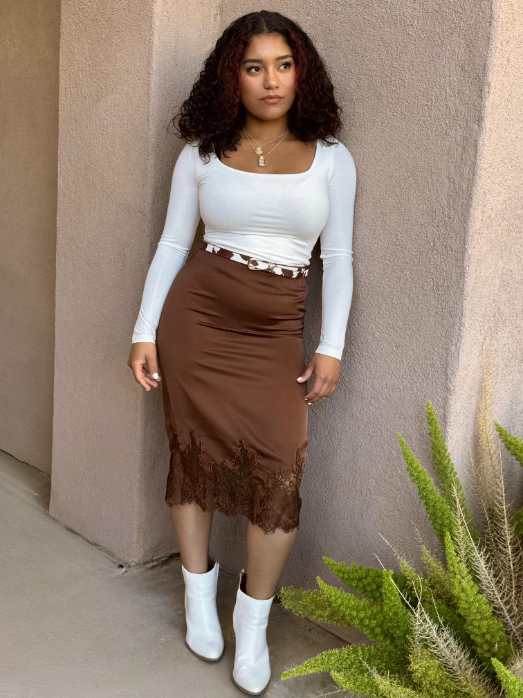 Mocha Whisper Lace Midi Skirt